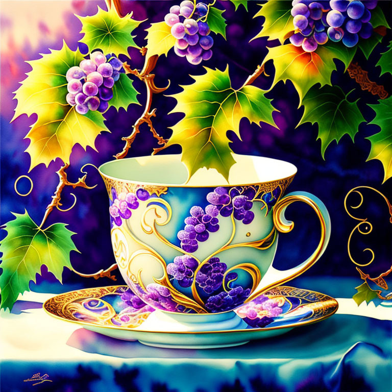 Ornate Cup and Saucer with Grape Designs on Purple Background
