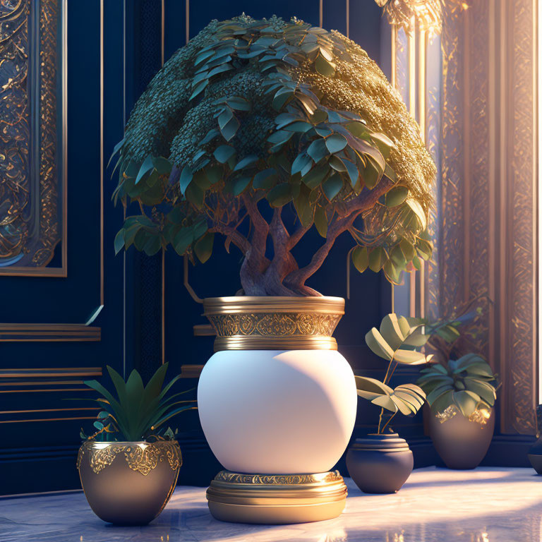 Ornate Plant Pots with Green Plants in Classical Room