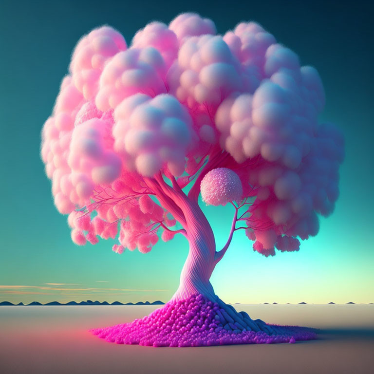 Colorful illustration of a whimsical pink tree on gradient background