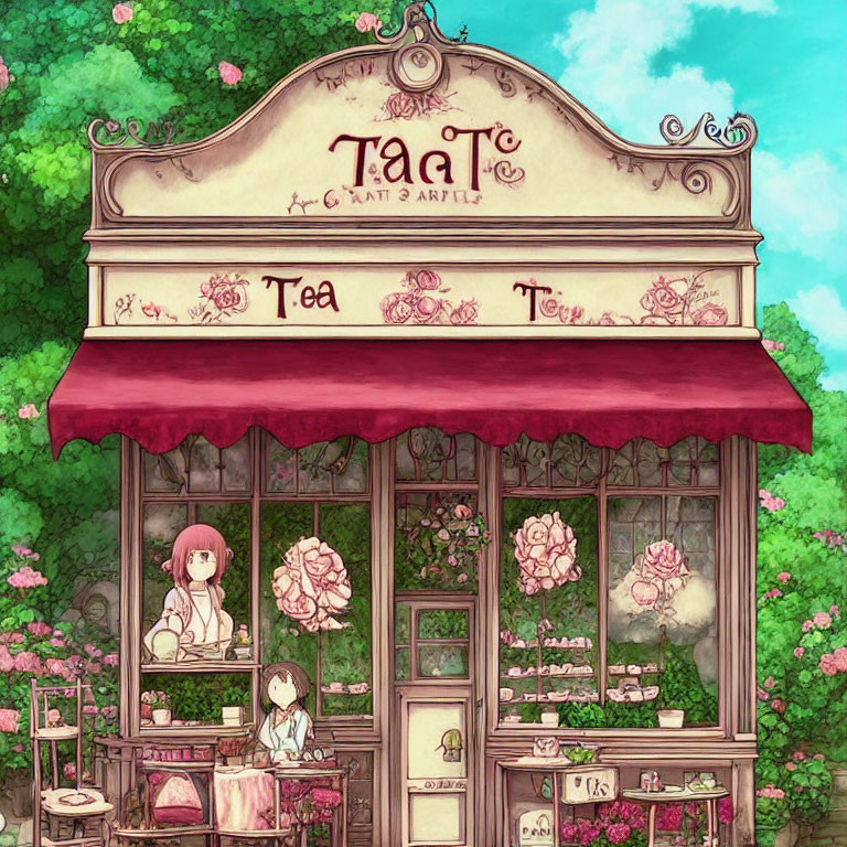 Illustration of a cozy tea shop with character in pink attire, surrounded by greenery and flowers