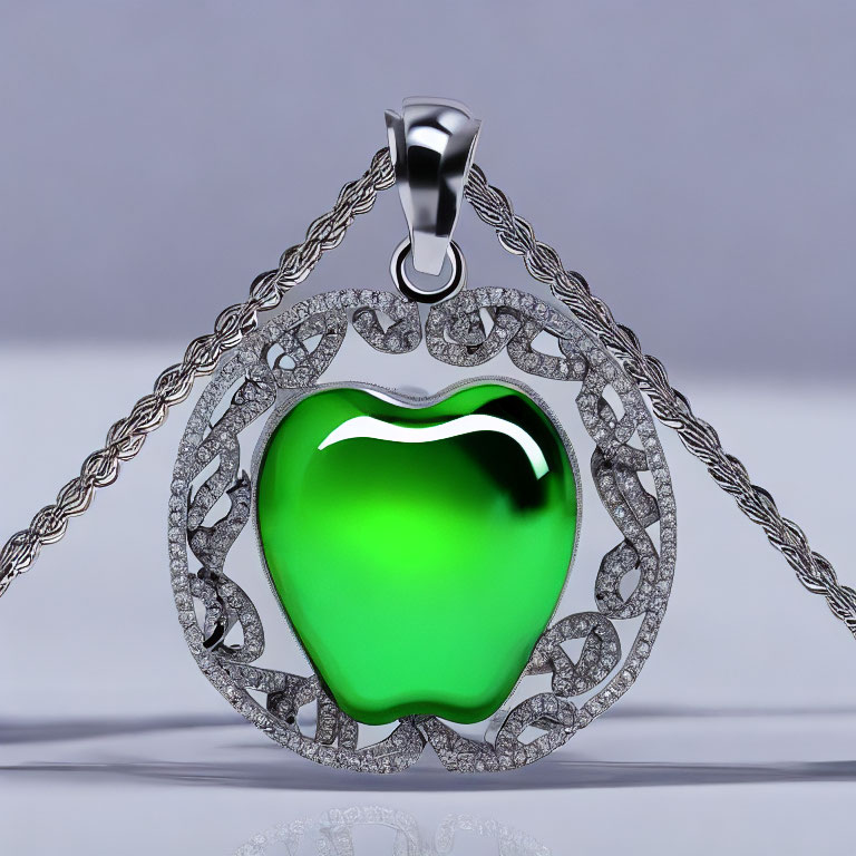 Silver Pendant Necklace with Green Apple-Shaped Gemstone & Ornate Frame