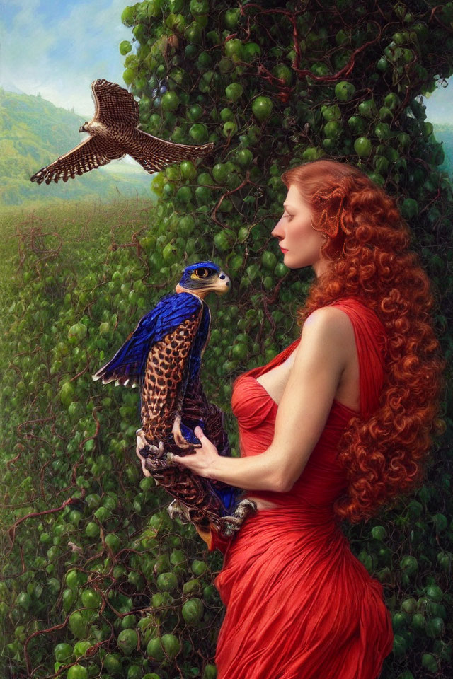 Red-haired woman in ruched dress with falcon and flying bird in lush green ivy setting