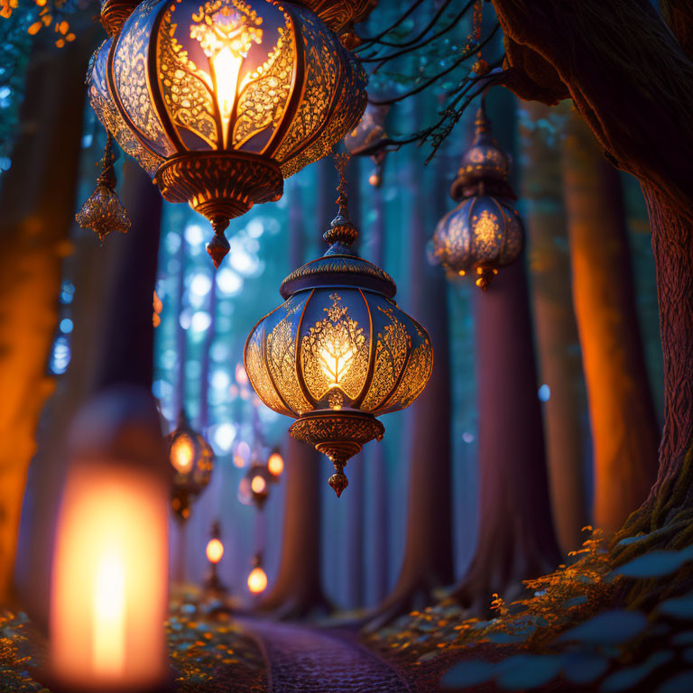 Mysterious enchanted forest path with hanging lanterns in twilight woods