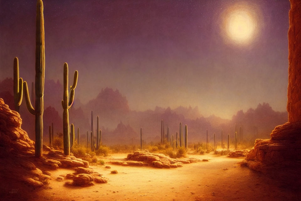 Desert landscape with tall cacti silhouettes at night