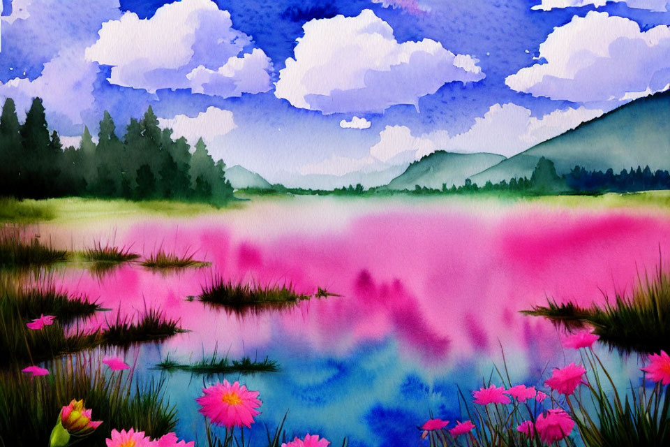 Colorful Watercolor Landscape with Flower-Speckled Lake & Rolling Hills