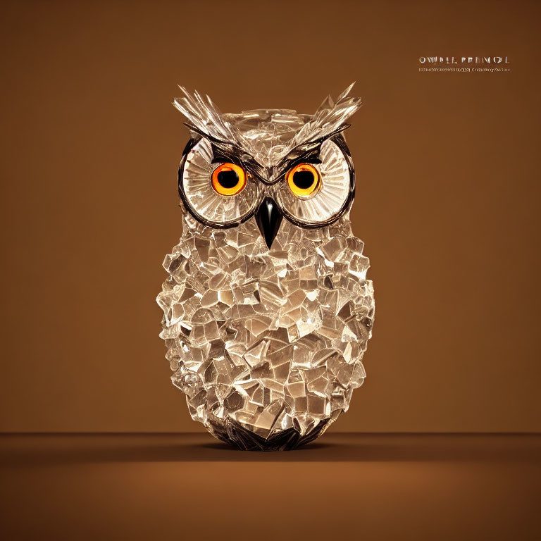 Glass Owl Sculpture with Large Orange Eyes on Tan Background