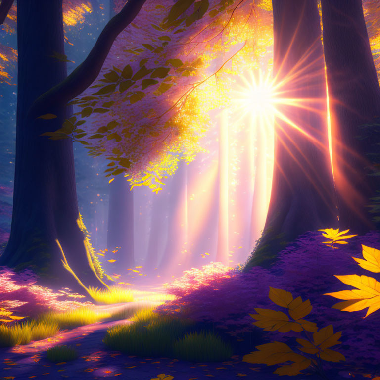 Vibrant forest illuminated by sunlight in autumn