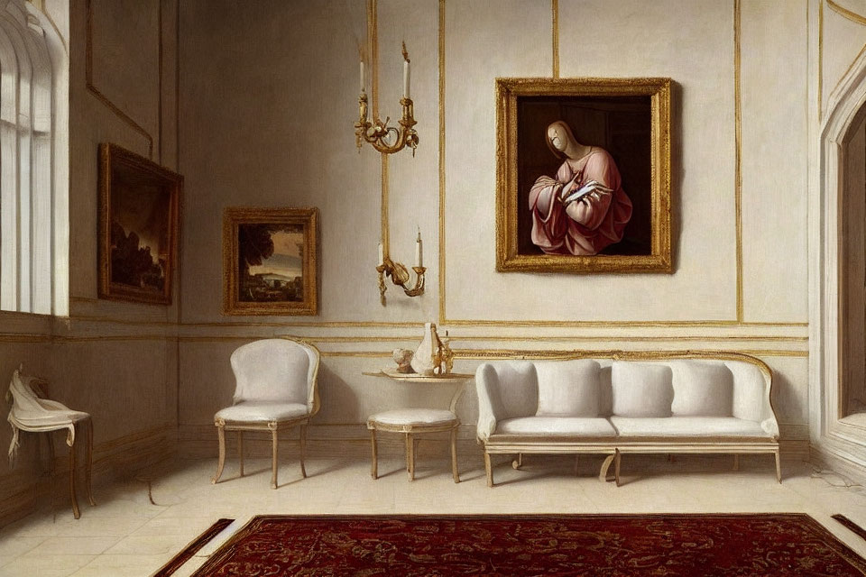 Classic Decor: White Sofa, Armchairs, Chandeliers & Wall Paintings
