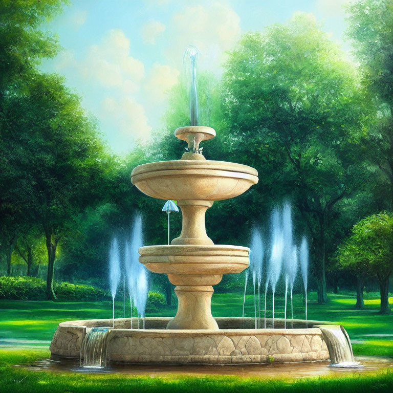 Tranquil painting of a multi-tiered stone fountain in a green park