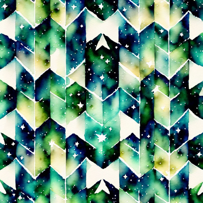 Green and Blue Chevron Pattern with Stars and Paper Planes in Watercolor