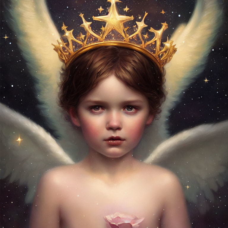 Child with Angel Wings and Starry Crown in Dark Background