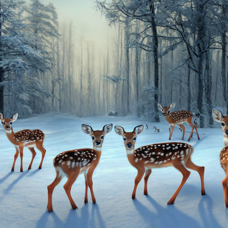 Spotted deer in snowy forest with mist and tall trees