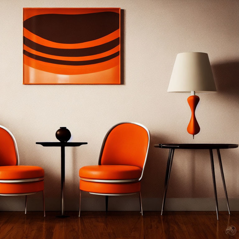 Modern Room Decor with Orange Chairs, Black Table, Clock, and Lamp