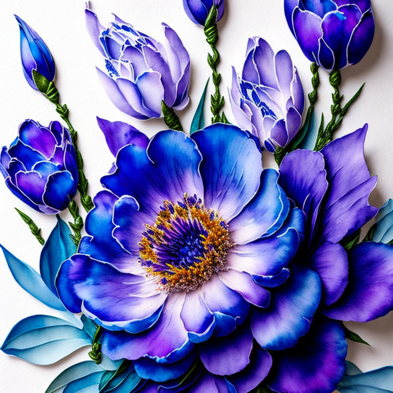 Intricate Blue Paper Craft Flowers on White Background