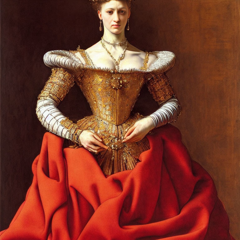 Portrait of stern woman in 16th-century dress with gold embroidery and red skirt holding a fan