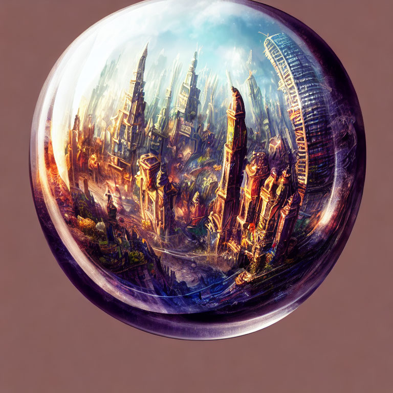 Crystal sphere containing fantastical cityscape with towering spires and warm glow