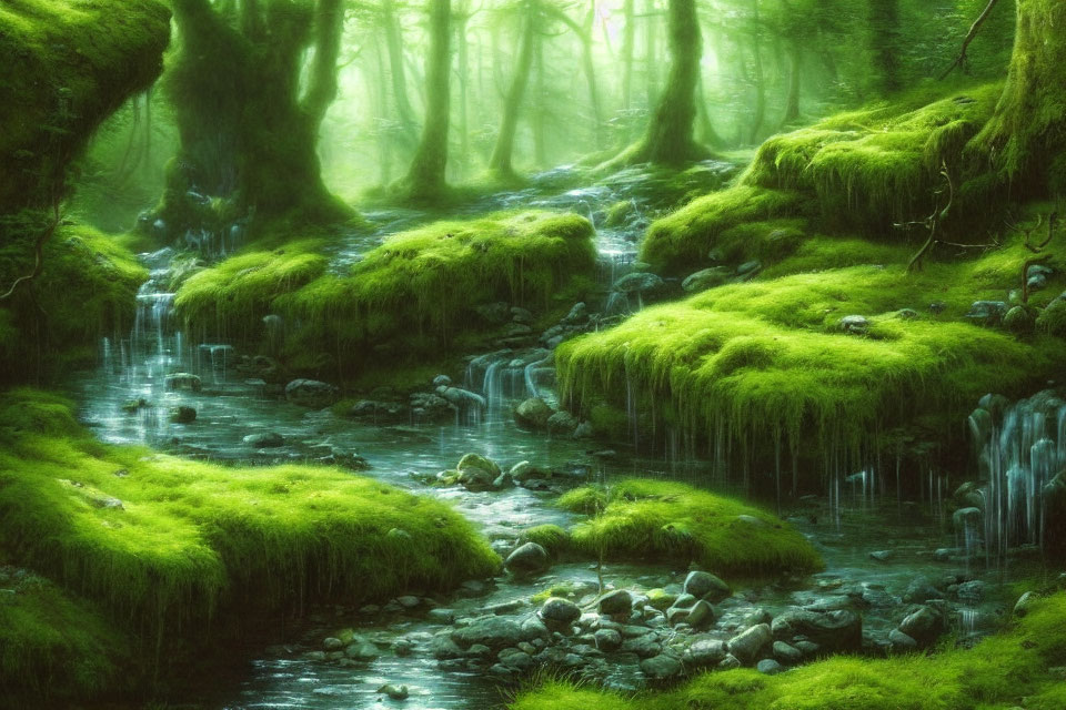 Moss-covered stream banks in mystical green forest with soft light.