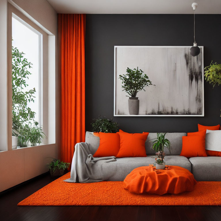 Contemporary Living Room with Grey Sofa, Orange Accents, Abstract Art, Plant, and Large Window