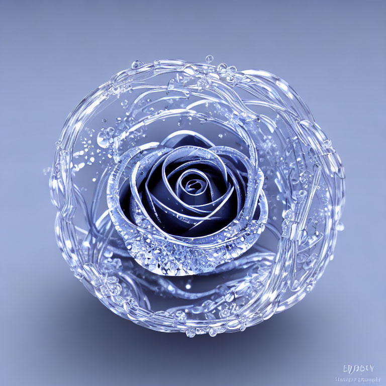 Monochromatic blue digital art: stylized rose in sphere with water droplets & swirls