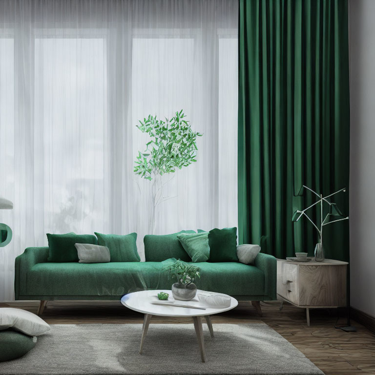 Green sofa, white coffee table, sideboard, and plant decoration in modern living room