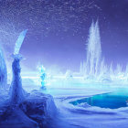 Mystical winter night scene with glowing blue lights, frozen pond, and person by water