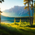 Tranquil lake, lush forests, and majestic mountains at sunset