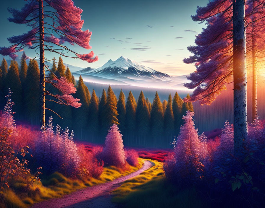 Vibrant purple forest with pink trees and mountain view