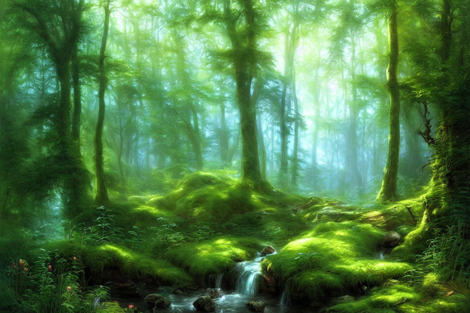 Tranquil Forest Landscape with Sunlight and Moss