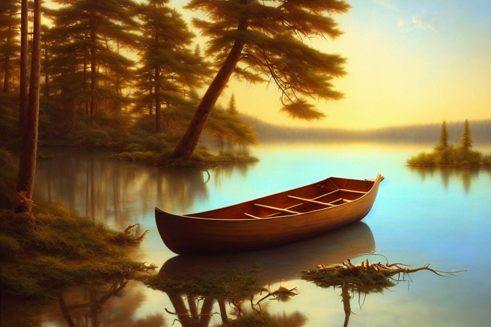 Tranquil sunset lake scene with canoe, pine trees, and reflections