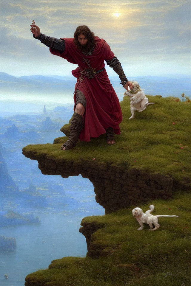 Medieval man with dogs on cliff overlooking serene landscape