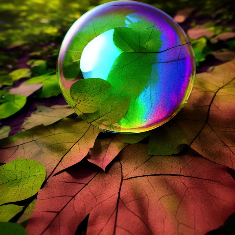 Colorful crystal ball on autumn leaves reflecting light