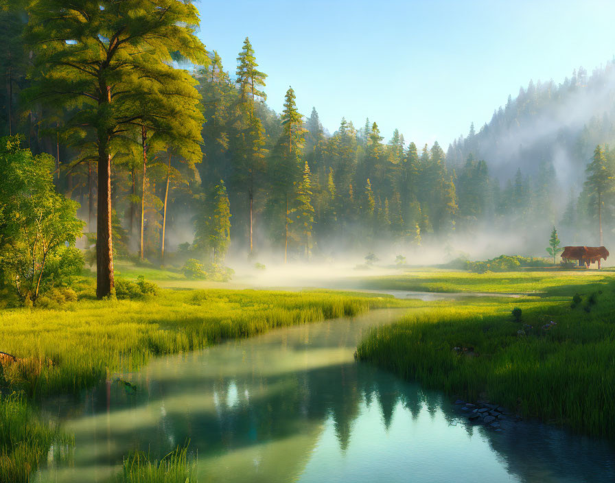 Tranquil forest scene with tall green trees, gentle river, morning mist, and warm sunlight