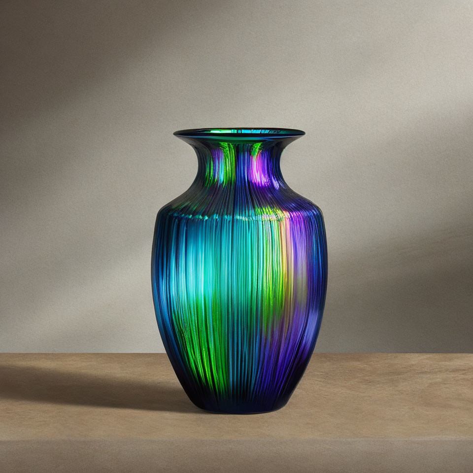 Colorful iridescent vase with blue, green, and purple streaks on beige background