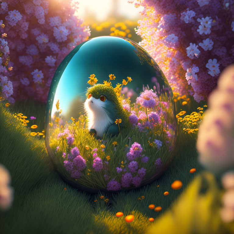 Fluffy animal in transparent egg surrounded by vibrant flowers in fantasy garden