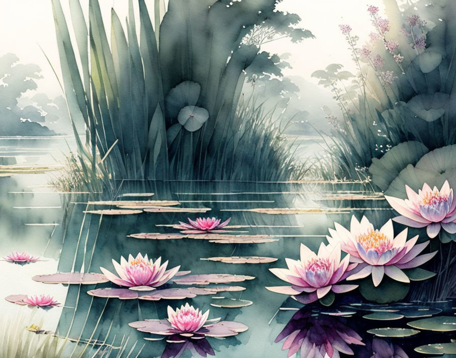 Tranquil Pond Watercolor Painting with Pink Lotus Flowers