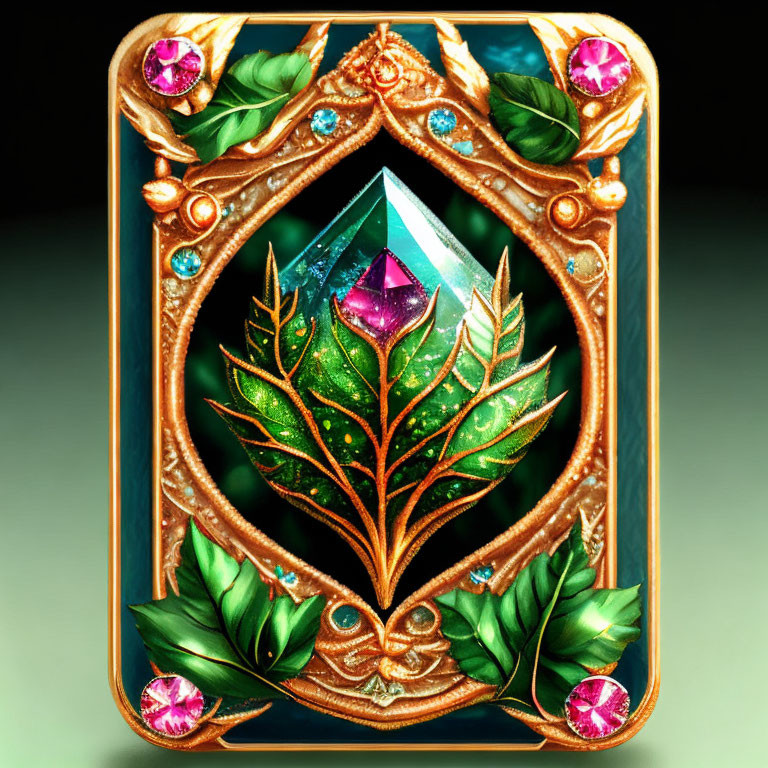 Golden Frame with Jewels: Vibrant Leaf Illustration & Central Crystal