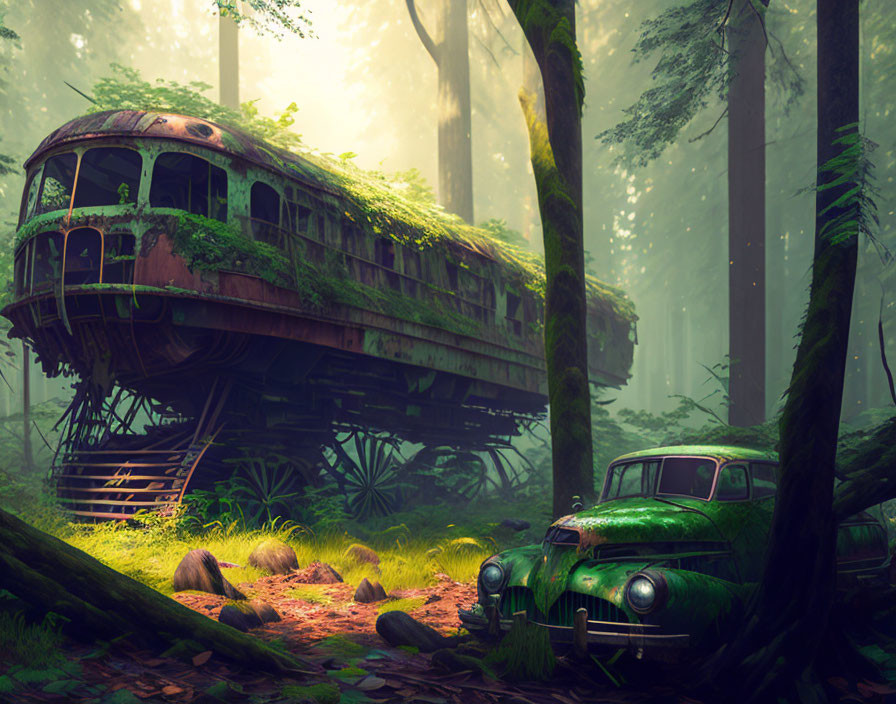 Abandoned green car and train carriage in misty forest clearing