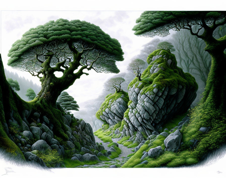Boulders and oaks illustration