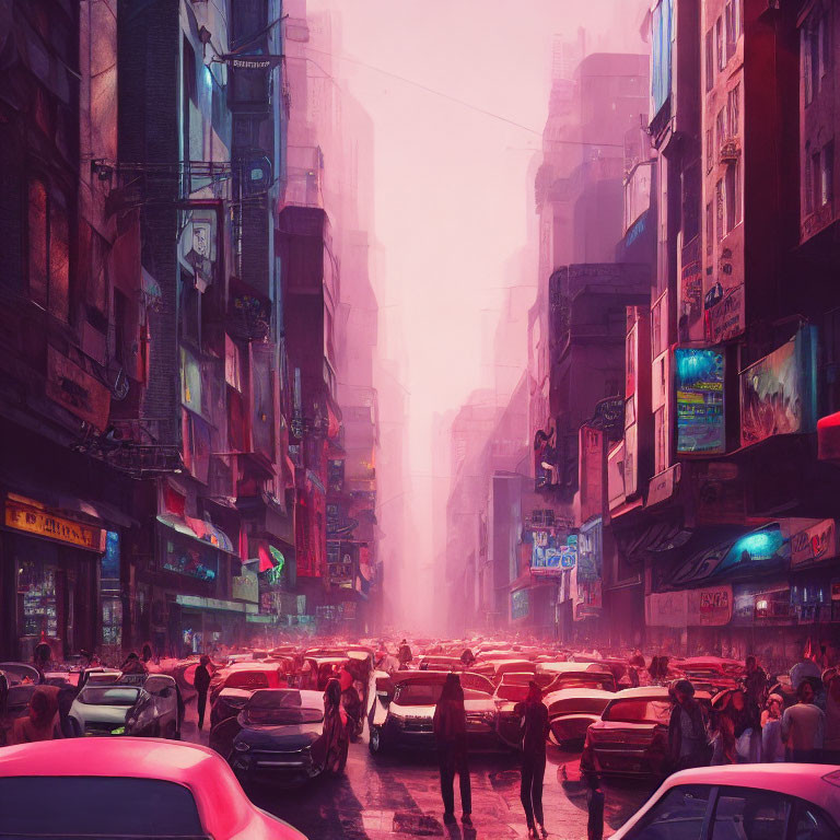 City street at dusk with neon lights and pink haze, cars and pedestrians.