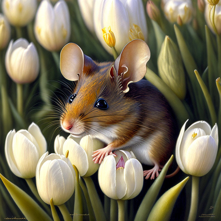 Mouse and tulips