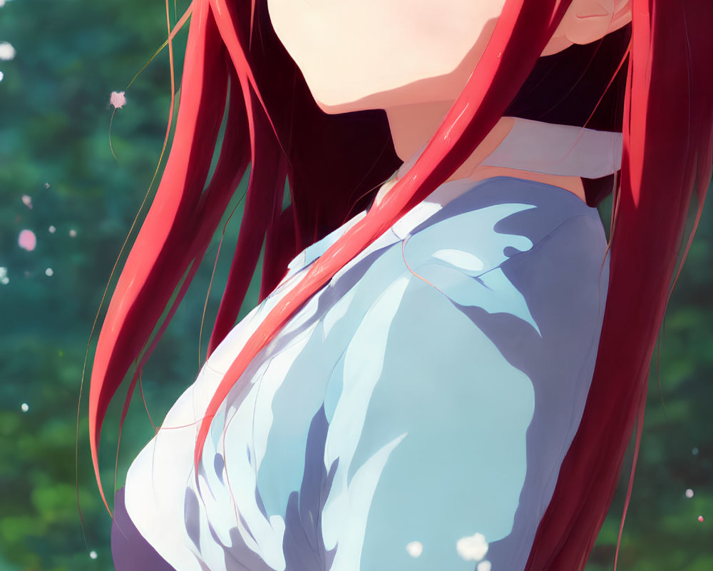 Long red-haired anime girl with purple eyes in blue shirt surrounded by greenery and pink petals.
