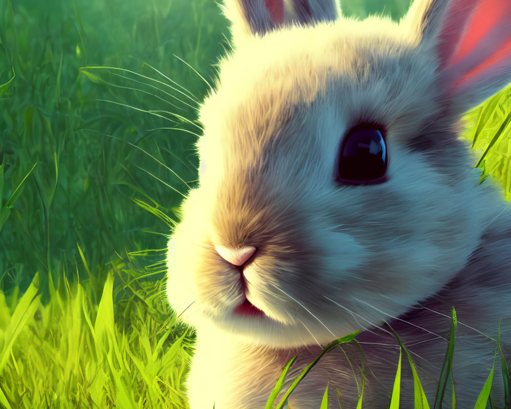 Realistic illustration of adorable rabbit in lush green grass
