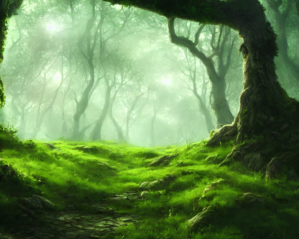 Tranquil misty forest with twisted trees and green carpet