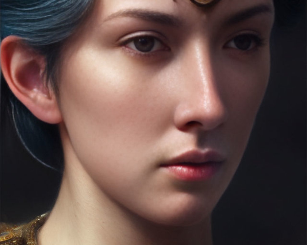 Blue-Haired Figure in Elaborate Golden Armor and Headpiece Gazes Thoughtfully