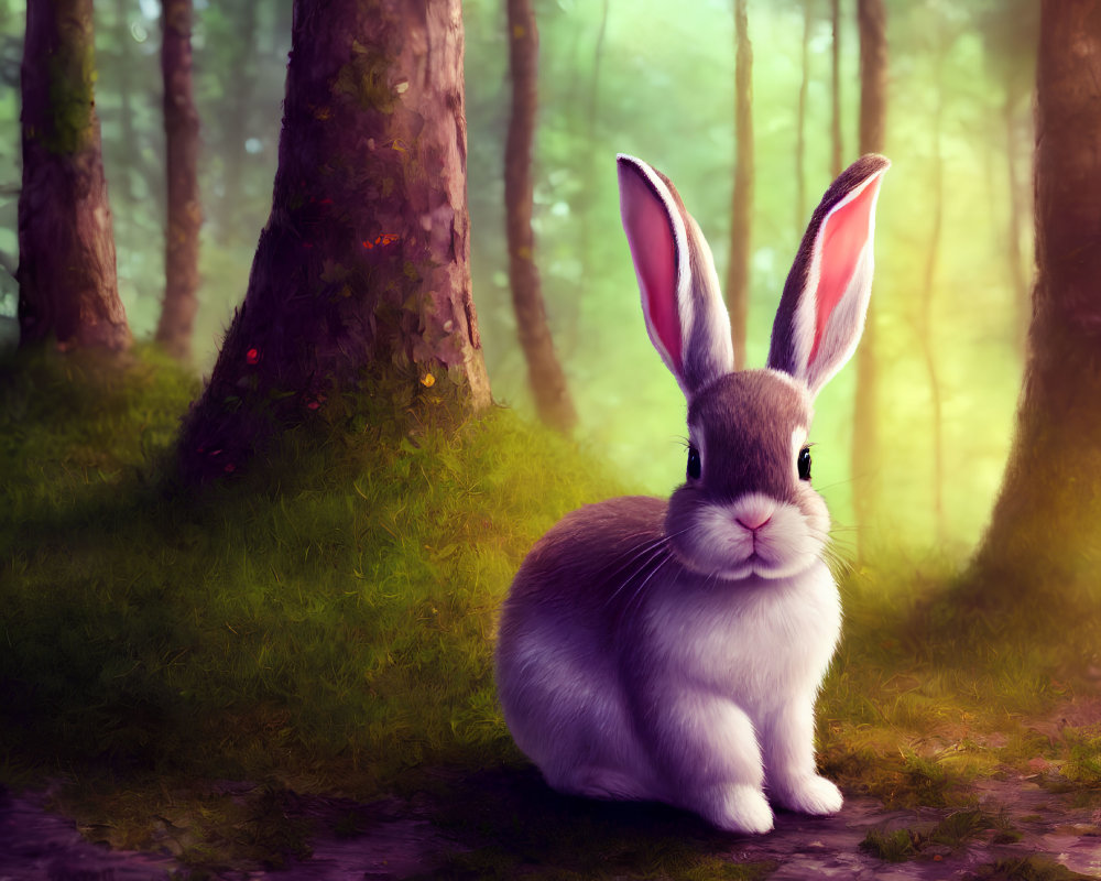 Fluffy white rabbit in serene mystical forest