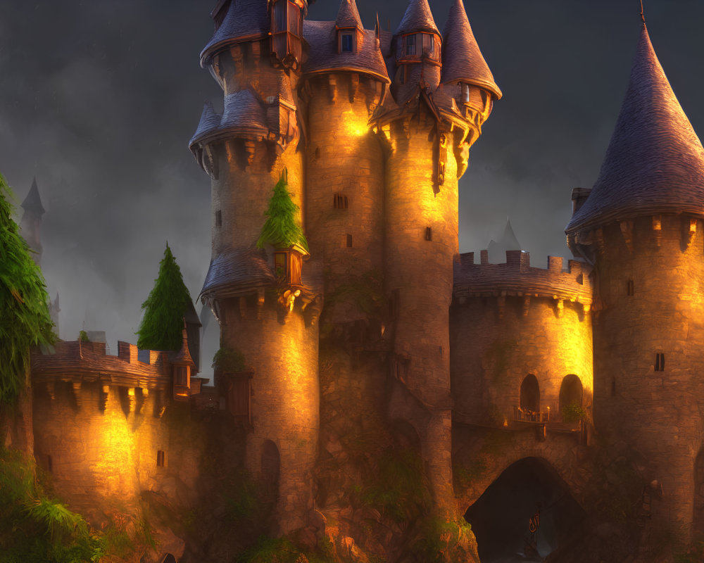 Enchanted castle with tall spires glowing in warm dusk light surrounded by lush greenery on rocky