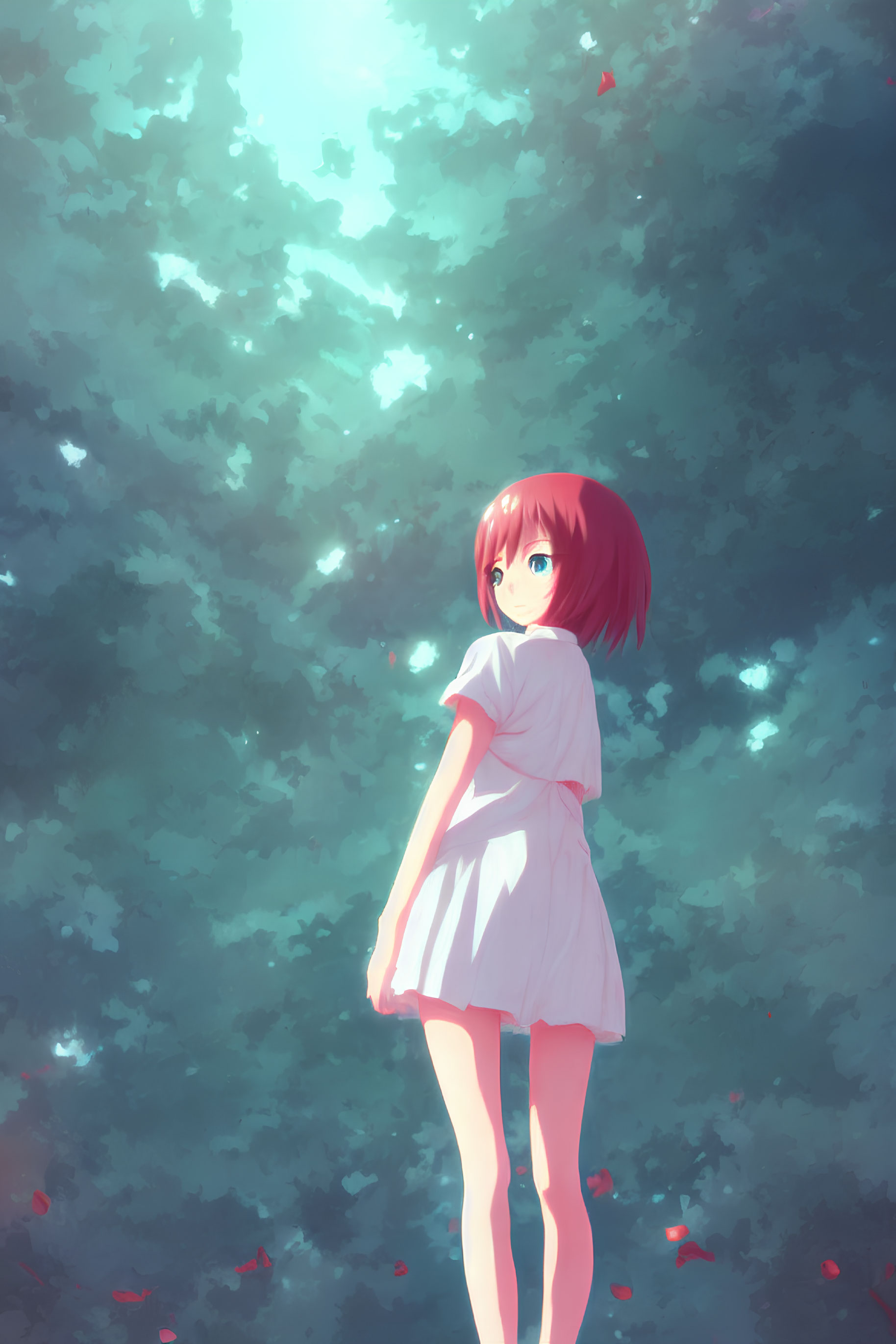 Young girl with red hair in white dress standing in forest with sunlit foliage and red petals.