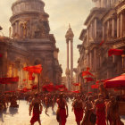 Ancient City Scene with Stone Architecture, Bustling Streets, and Monument