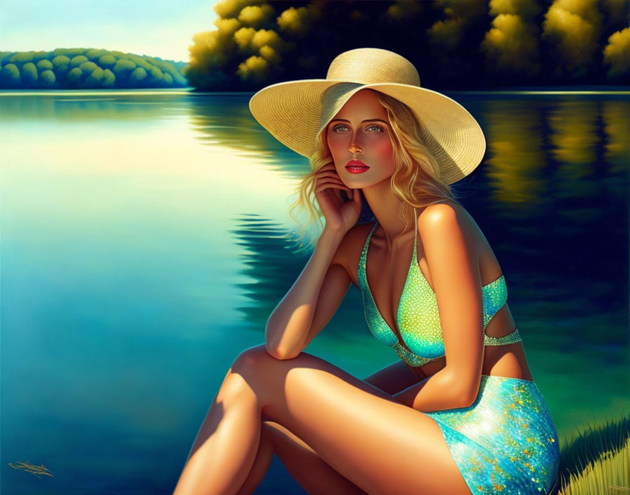 Woman in Blue Swimsuit and Wide-Brimmed Hat Relaxing by Calm Lake