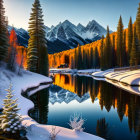 Tranquil winter landscape with snowy trees, lake, mountains, and cabin